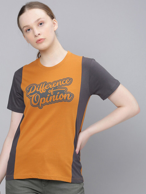

Difference of Opinion Women Brown Printed Round Neck Pure Cotton T-shirt