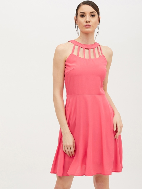 

Harpa Women Coral Pink Solid Fit and Flare Dress