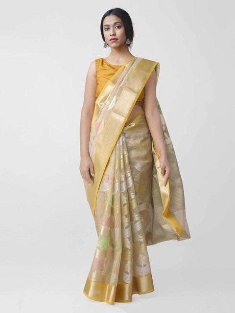 

Unnati Silks Brown & Yellow Silk Cotton Printed Banarasi Saree