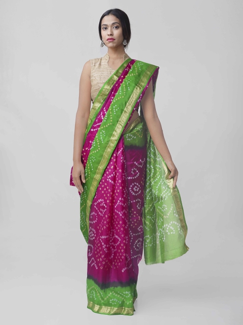 

Unnati Silks Green & Pink Pure Silk Dyed Bandhani Saree
