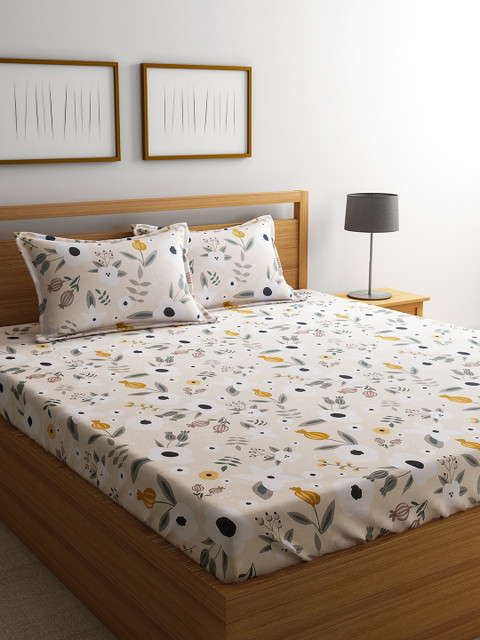 

RAGO White & Grey Floral 210 TC Cotton 1 Queen Bedsheet with 2 Pillow Covers