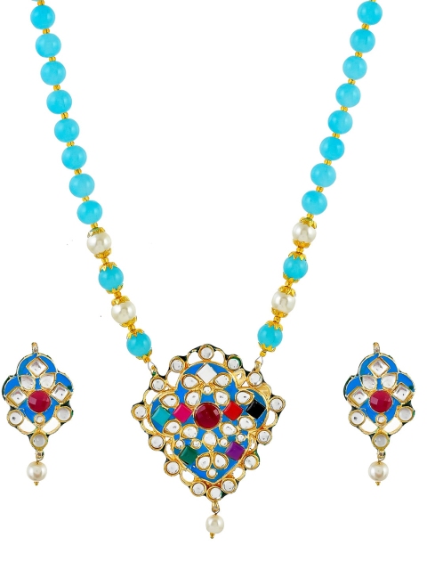 

Silvermerc Designs Gold-Plated Blue & White Kundan-Studded Beaded Meenakari Handcrafted Jewellery Set