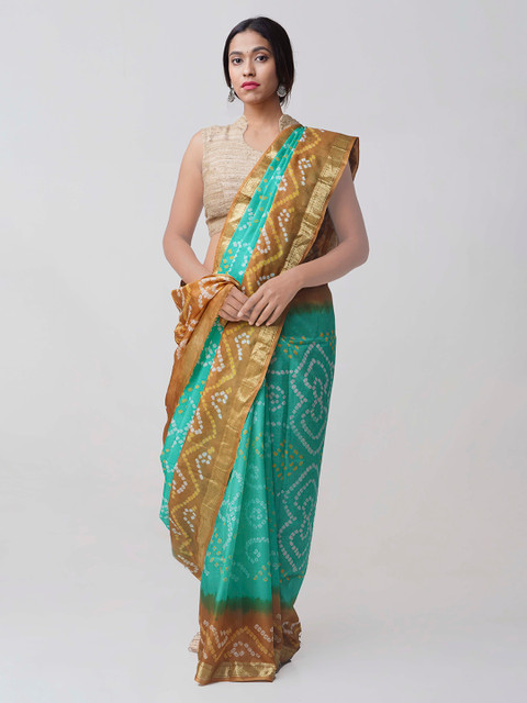 

Unnati Silks Turquoise Blue & Brown Pure Silk Printed Bandhani Saree