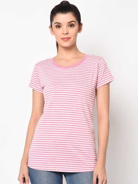 

ELEGANCE Women Pink Striped Round Neck T-shirt