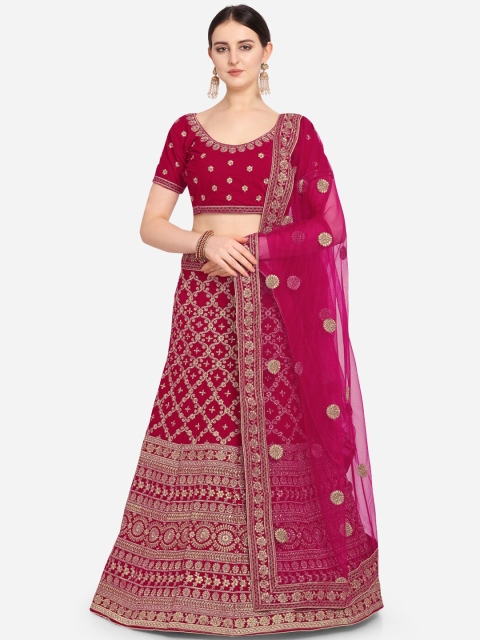 

VRSALES Magenta & Gold-Toned Embroidered Semi-Stitched Lehenga & Unstitched Blouse with Dupatta
