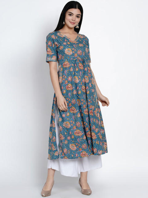 

SIAH Women Teal Blue & Yellow Floral Printed Anarkali Kurta