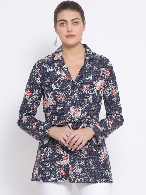 

Oxolloxo Women Navy Blue & White Printed Corduroy Casual Blazer