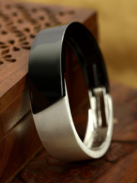 

ANIKAS CREATION Silver-Plated & Black Handcrafted Cuff Bracelet