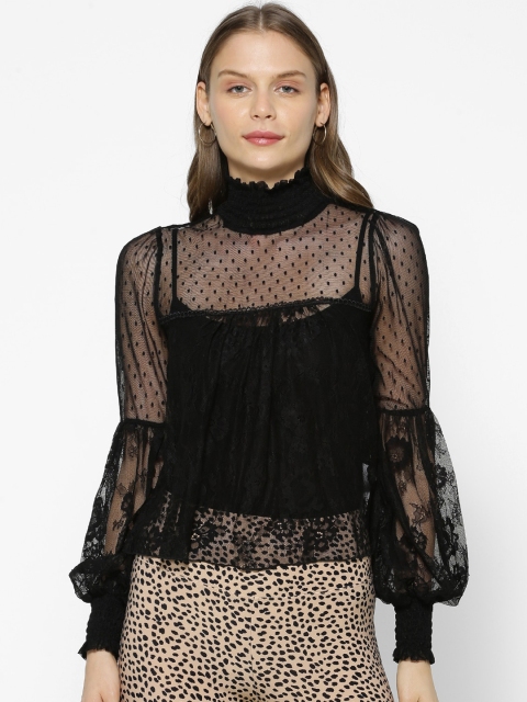 

FOREVER 21 Women Black Self Design Top