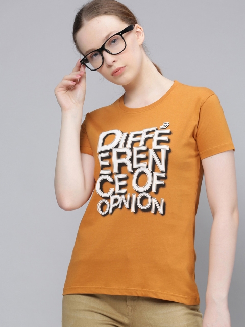 

Difference of Opinion Women Mustard Yellow Printed Round Neck T-shirt