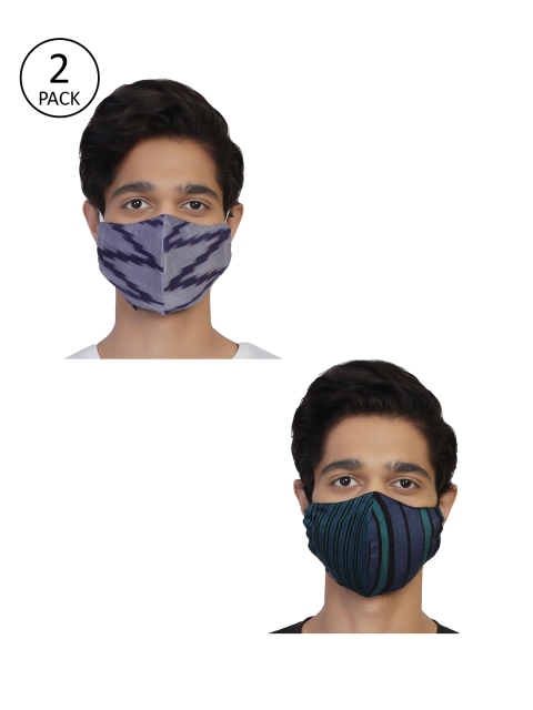 

Anekaant Men 2 Pcs Blue 3-Ply Reusable Checked Cloth Masks, Navy blue