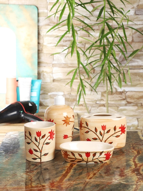 

CDI Unisex Set Of 4 Cream-Coloured & Brown Printed Ceramic Bathroom Accessories