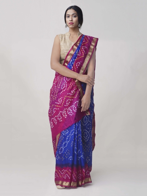 

Unnati Silks Blue & Pink Pure Silk Dyed Bandhani Saree
