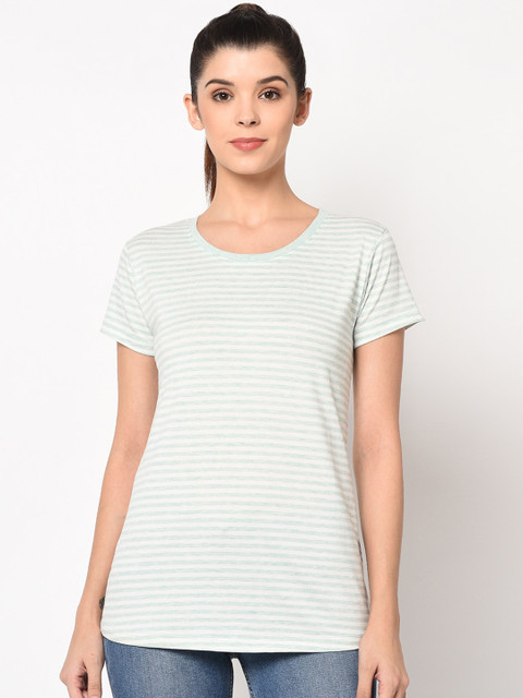

ELEGANCE Women Sea Green Striped Round Neck T-shirt