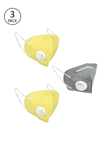 

OOMPH Unisex 3 Pcs Solid 5-Ply Valved Anti-Pollution Reusable KN95 Masks, Yellow