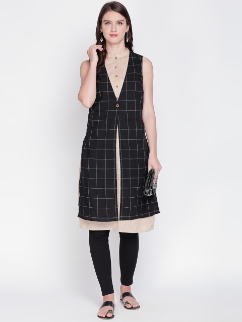 

RANGMANCH BY PANTALOONS Women Beige Solid A-Line Kurta With Checked Jacket