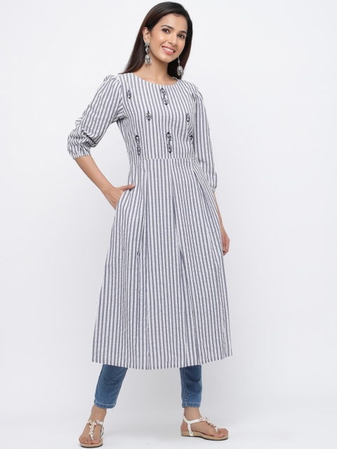 

Jaipur Kurti Women White & Navy Blue Striped A-Line Kurta