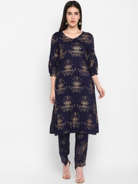 

Aprique FAB Women Navy Blue & Gold-Toned Printed Straight Kurta