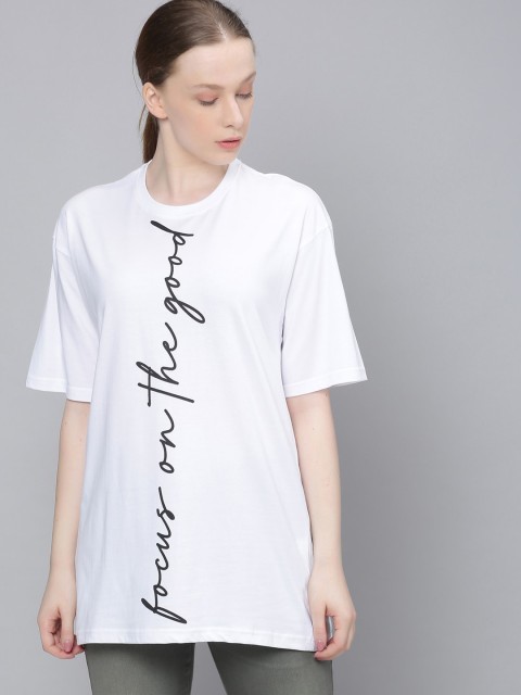 

DILLINGER Women White Printed Round Neck Oversized Pure Cotton T-shirt