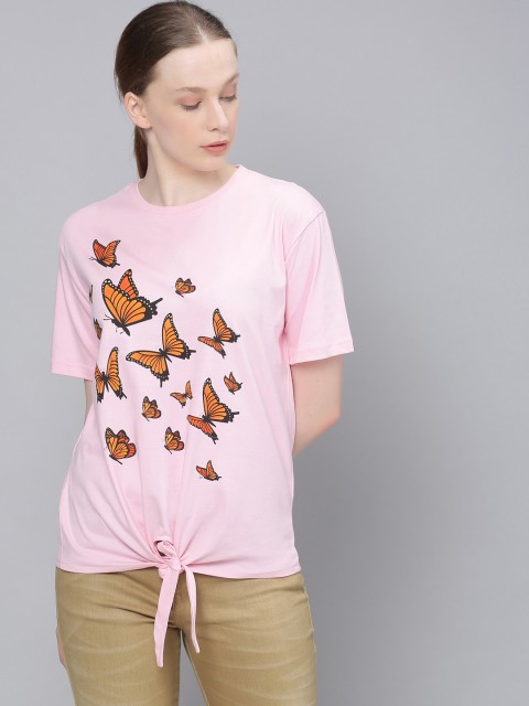 

DILLINGER Women Pink Printed Round Neck Regular Fit Pure Cotton T-shirt