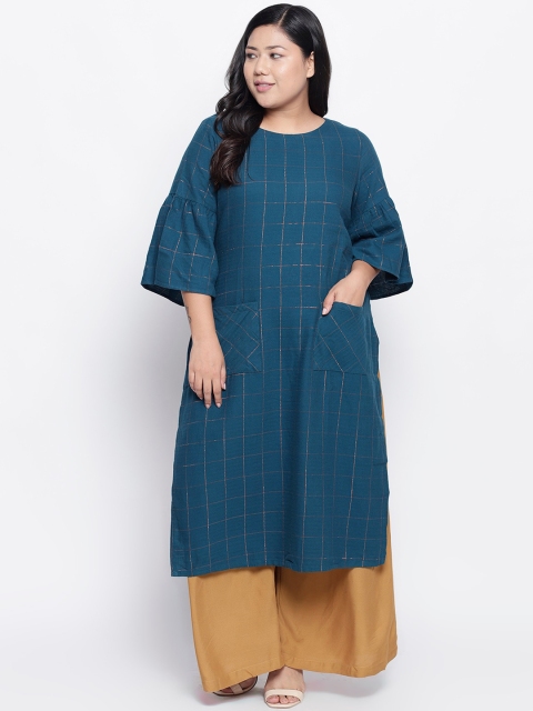 

Amydus Women Teal Blue & Gold Checked Straight Kurta