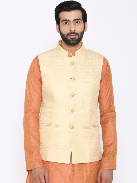 

Wintage Men Cream-Coloured Woven Design Satin Nehru Jacket