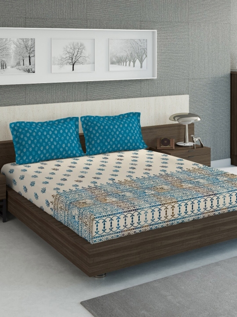 

DDecor Beige & Blue Ethnic Motifs 144 TC Cotton 1 King Bedsheet with 2 Pillow Covers