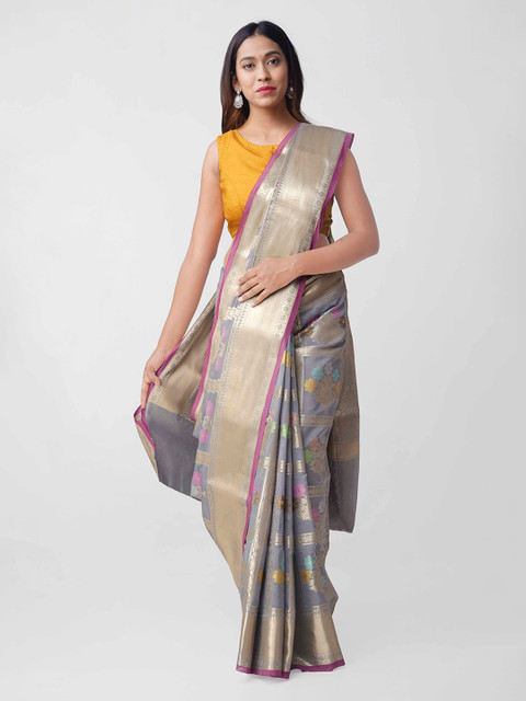 

Unnati Silks Grey & Beige Silk Cotton Woven Design Banarasi Saree