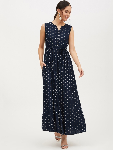 

Harpa Women Navy Blue & White Printed Maxi Dress