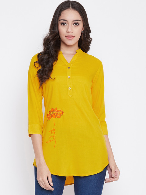 

ETHNIC STREET Women Mustard Yellow Printed High-Low Longline Top