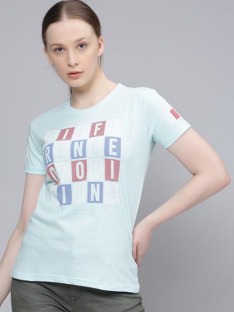 

Difference of Opinion Women Blue Printed Round Neck Pure Cotton T-shirt