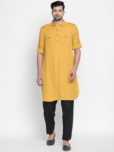 

indus route by Pantaloons Men Mustard Yellow Solid Pathani Kurta