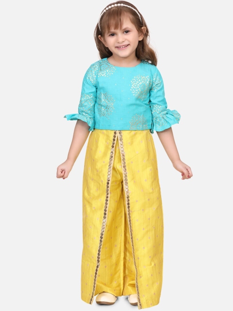 

Fairies Forever Girls Turquoise Blue & Yellow Self Design Top with Skirt