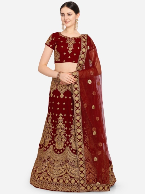 

VRSALES Maroon & Gold-Toned Embroidered Semi-Stitched Lehenga & Unstitched Blouse with Dupatta