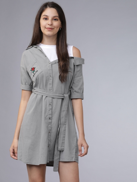 

Tokyo Talkies Women Denim Grey Solid Shirt Dress