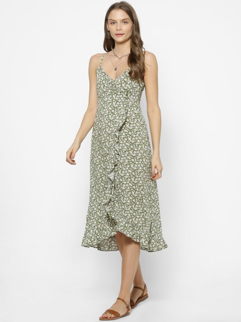 

FOREVER 21 Women Olive Green & Off-White Floral Print Wrap Dress