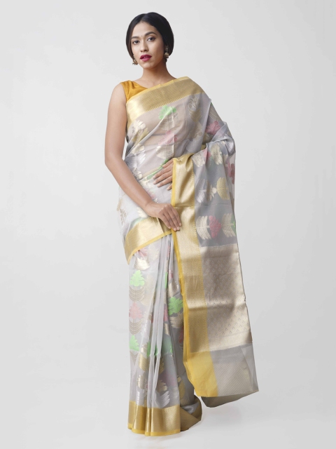 

Unnati Silks Grey & Gold Pure Banarasi Sico Jamdhani Brocade Saree