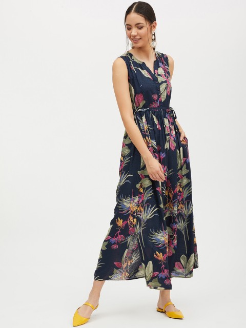 

Harpa Women Navy Blue & Pink Tropical Print Maxi Dress