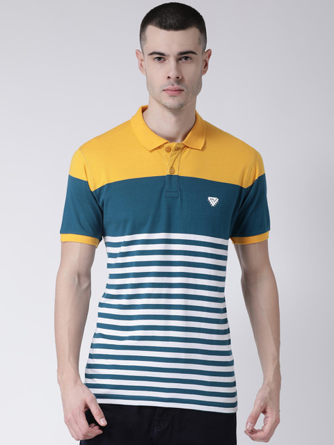 

Club York Men Teal Blue & White Striped Polo Collar T-shirt