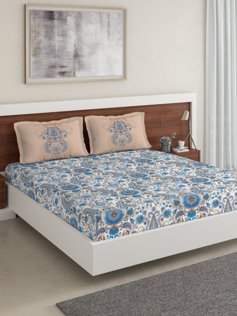 

DDecor Blue & Off-White Ethnic Motifs 140 TC Cotton 1 Queen Bedsheet with 2 Pillow Covers