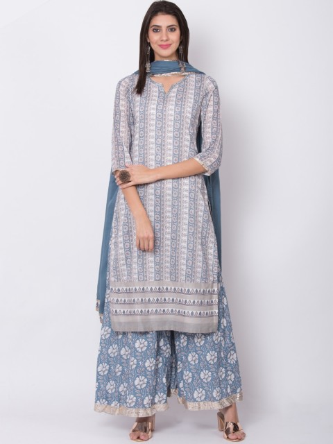 

Biba Women White & Blue Printed Kurta with Palazzos & Dupatta
