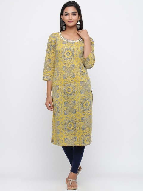 

Silai Bunai Women Yellow Printed Straight Kurta