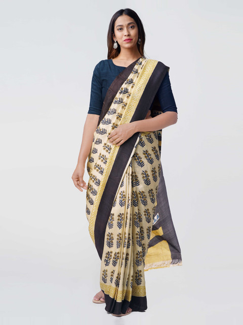 

Unnati Silks Yellow & Navy Blue Pure Silk Printed Bagru Saree