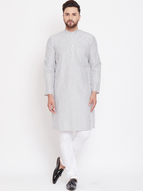 

even Men White & Grey Striped Straight Kurta