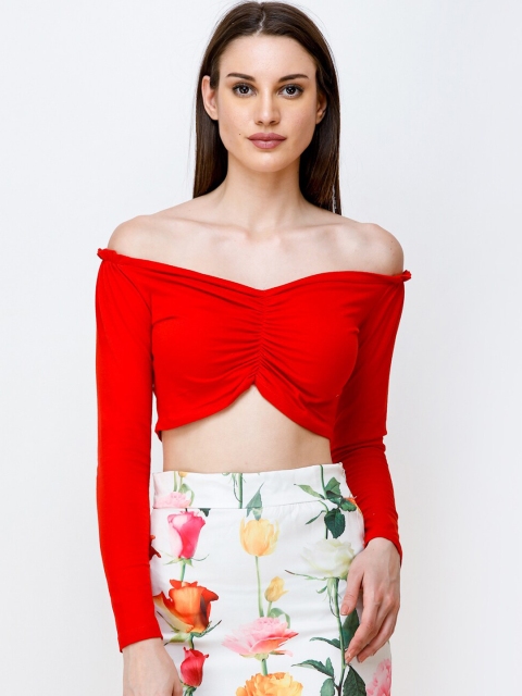 

SCORPIUS Women Red Solid Front Styled Bardot Crop Top