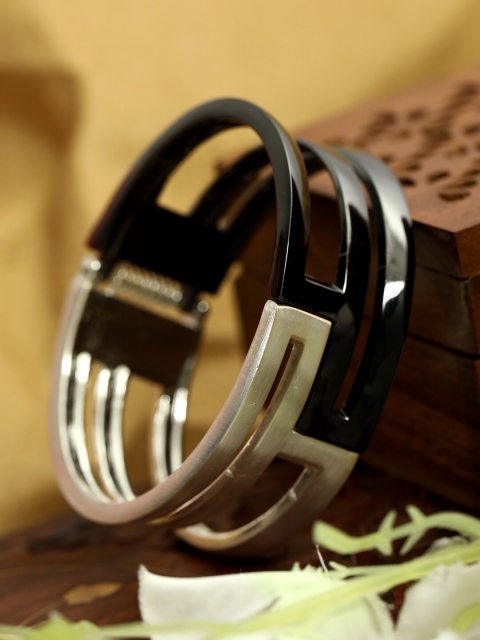 

ANIKAS CREATION Silver-Plated & Black Alloy Handcrafted Cuff Bracelet