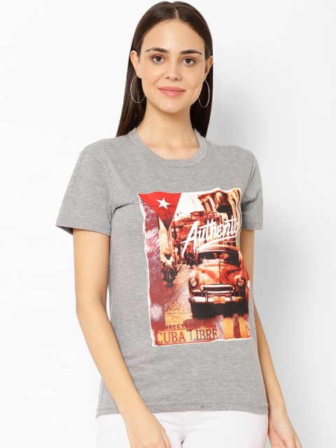 

VIMAL JONNEY Women Grey Melange Printed Round Neck T-shirt