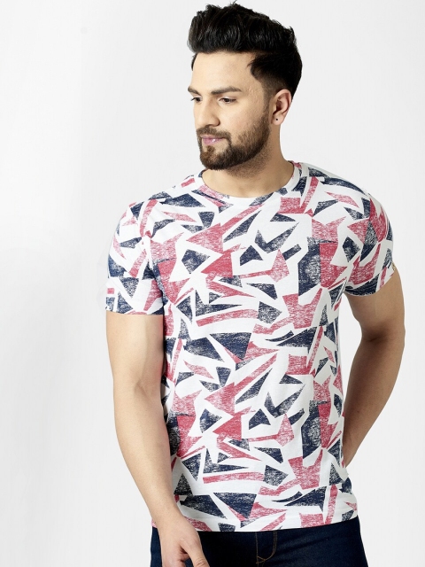 

Rodzen Men White & Navy Blue Geometric Print T-shirt