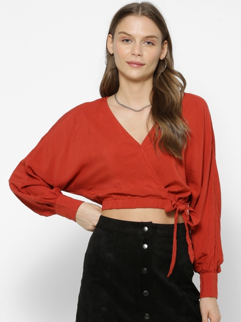 

FOREVER 21 Women Orange Solid Crop Wrap Top
