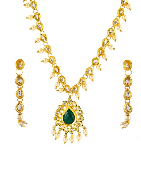 

Silvermerc Designs Gold-Plated Green & White Kundan-Studded Beaded Meenakari Handcrafted Jewellery Set